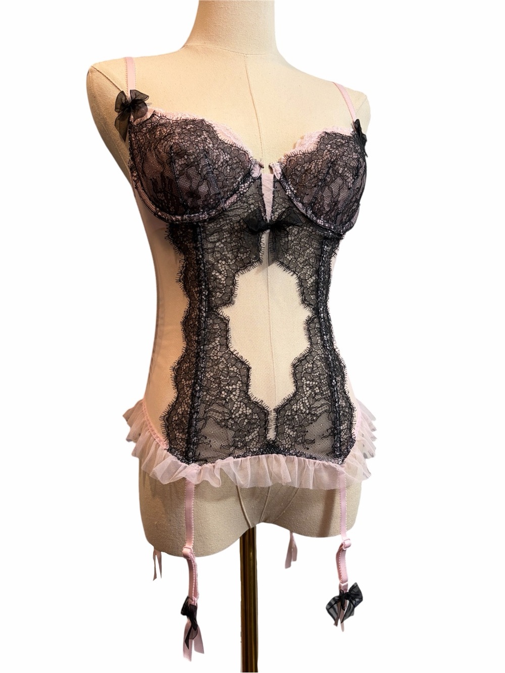 Victorias Secret Light Pink & Black Lace Coquette Chantilly Bustier Corset Top